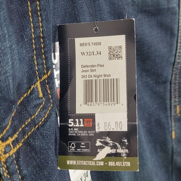 5.11 Tactical Defender Flex Straight Dark Wash Denim Blue Jeans Sz 32x34 NEW - Picture 9 of 12